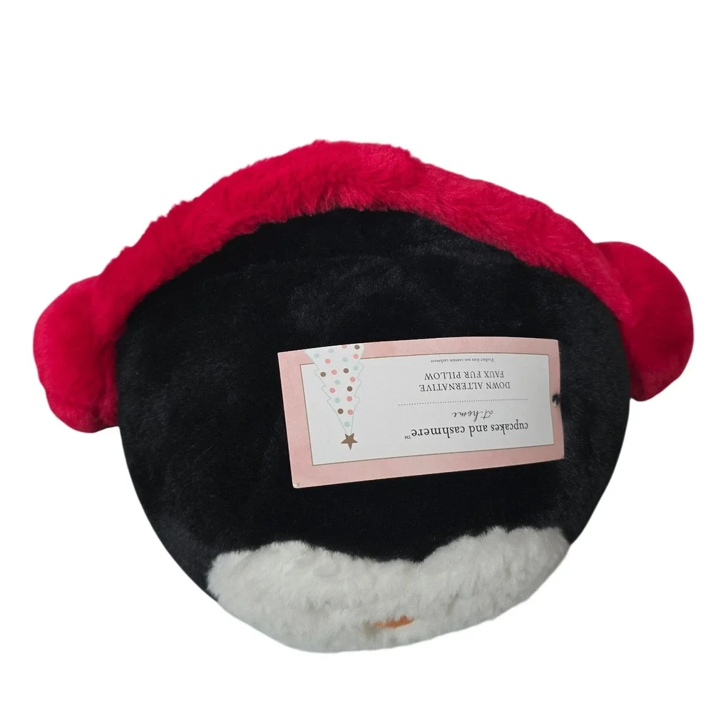 Cupcakes and Cashmere Penguin Plush Pillow Faux Fur Red Earmuffs 10in Holiday